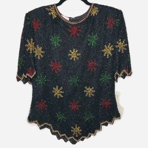 Laurence Kazar Vtg Snowflake Sequined Blouse Bling